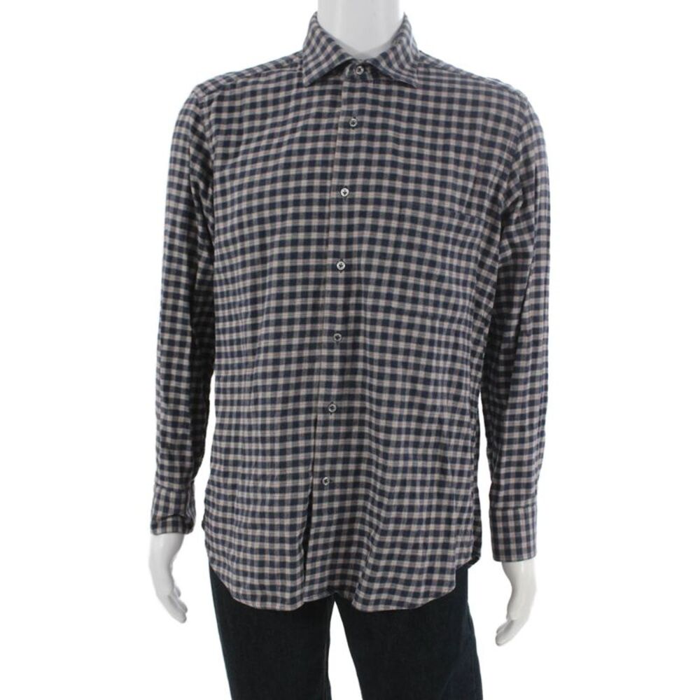 Davide Cenci Mens Plaid Print Long Sleeve Collared Button-Down Shirt Blue Size L